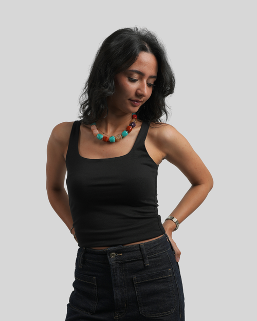 Black Wide Neck Cut Double Layered Top