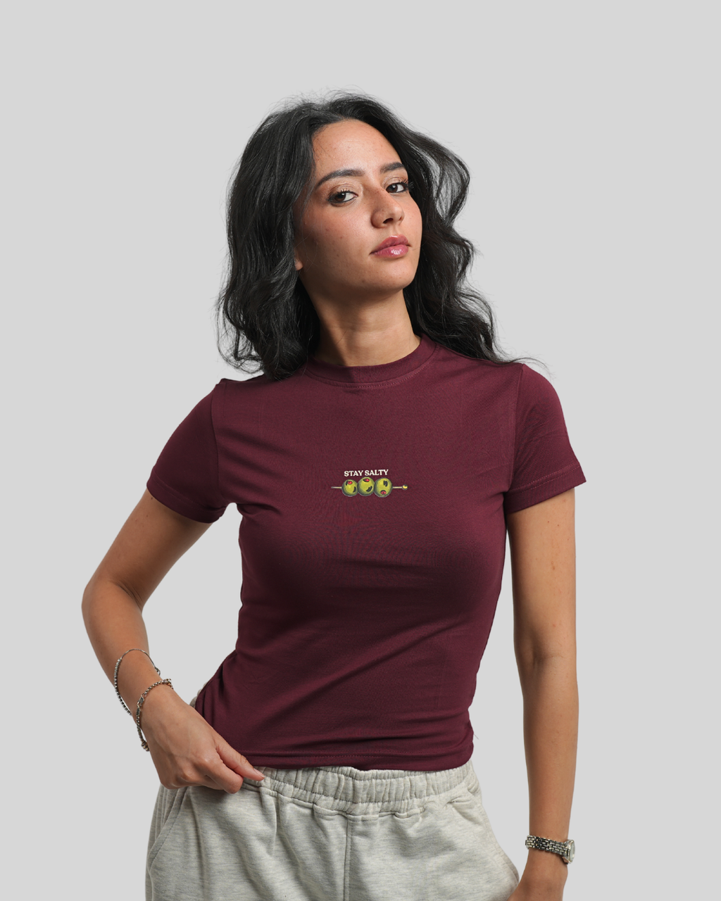 Stay Salty Burgundy Baby Tee