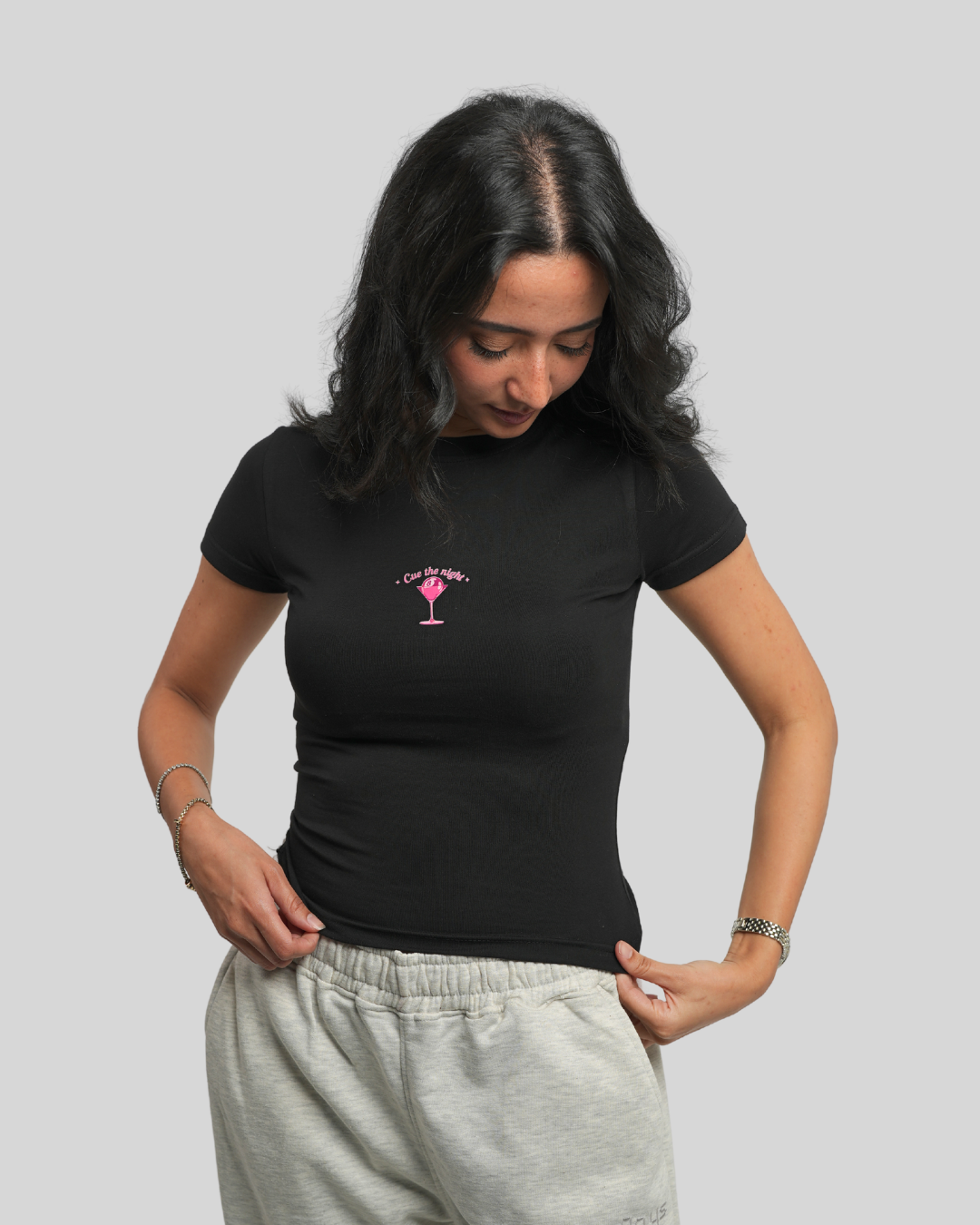 Cue The Night Black Baby Tee