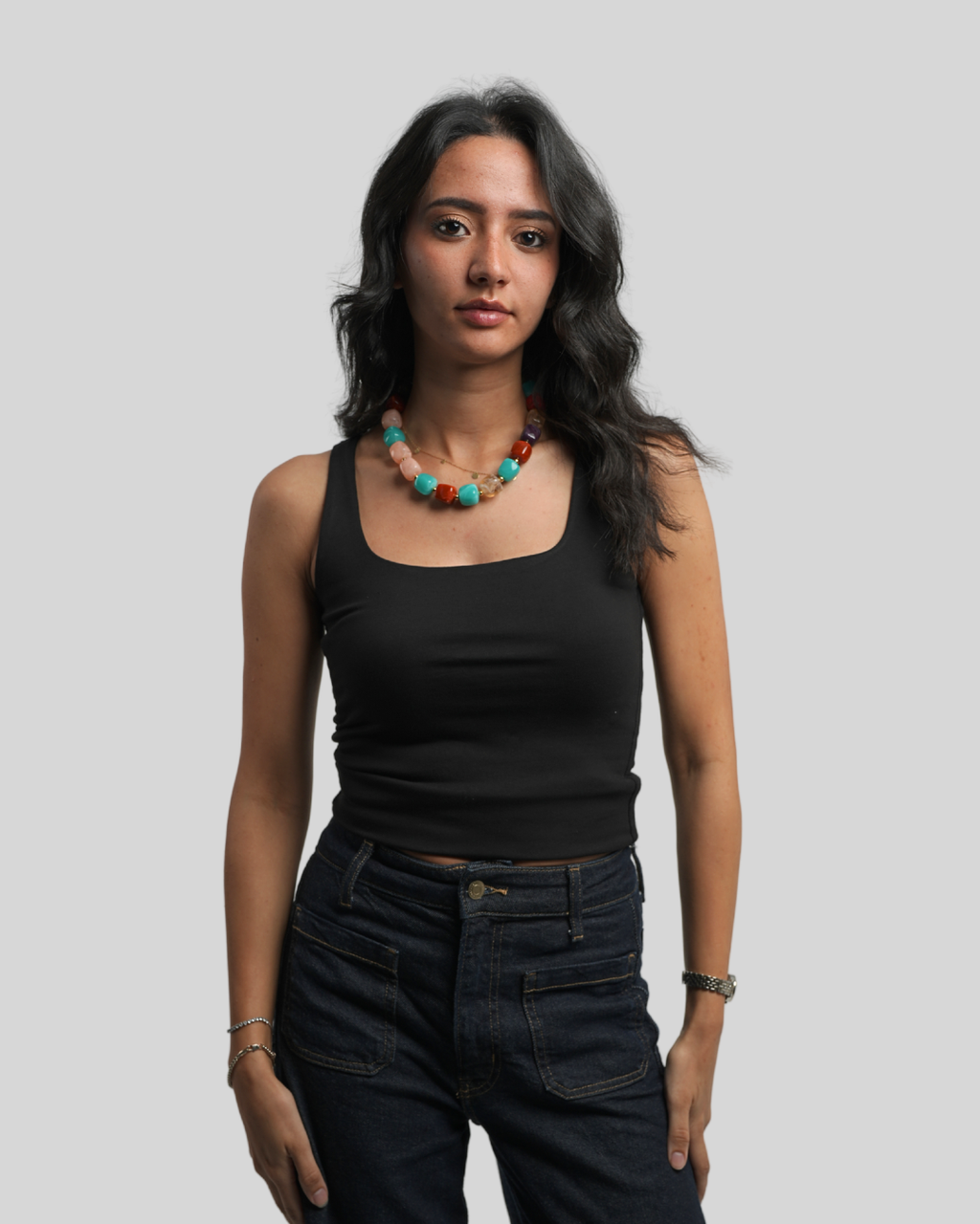 Black Wide Neck Cut Double Layered Top