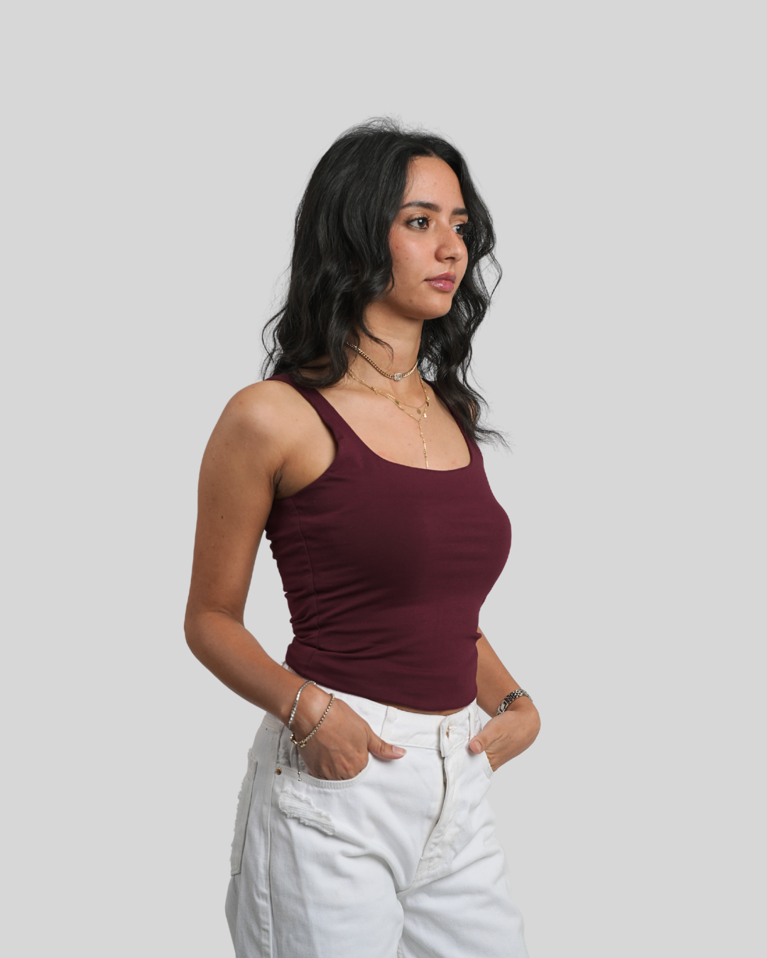 Burgundy Wide Neck Cut Double Layered Top