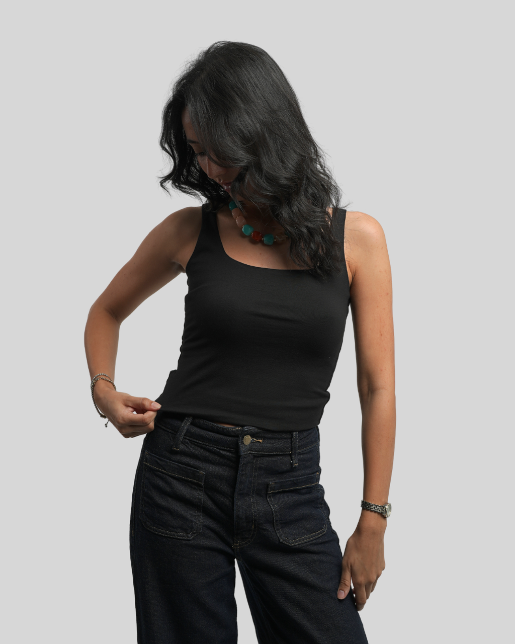 Black Wide Neck Cut Double Layered Top